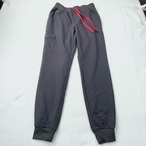 FIGS Zamora Jogger Gray with Red Tie Medical Nurse Scrub Pant SMALL TALL #S6